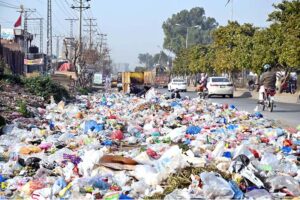 A heap of garbage spreading on Lehtrar Road creating environment problems and needs the attention of concerned authorities.