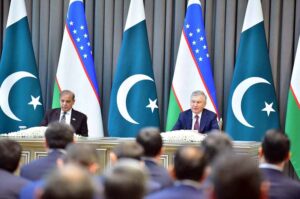 Prime Minister Muhammad Shehbaz Sharif and President of Uzbekistan H.E. Shavkat Mirziyoyev addressing a Joint Press Stakeout in Tashkent.