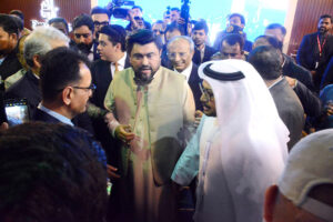 Sindh Governor Kamran Khan Tessori visiting different stalls during the second day of Pakistan Travel Mart at the Expo Center