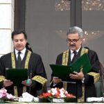 Hon'ble Mr. Justice Yahya Afridi, Chief Justice of Pakistan administering the oath of office to Mr. Justice Miangul Hassan Aurangzeb, Judge, Islamabad High Court as Acting Judge of the Supreme Court of Pakistan