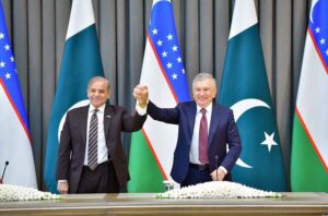 Prime Minister Muhammad Shehbaz Sharif and President of Uzbekistan H.E. Shavkat Mirziyoyev addressing a Joint Press Stakeout in Tashkent.