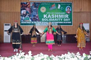 Students are performing in tableau during an event organized on the occasion of Kashmir Solidarity Day at Government College for Women University Faisalabad (GCWUF).
