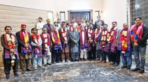 A group photo of newly elected officials of the Arts Council of Larkana with Special Assistant to Chief Minister Sindh, Khair Muhammad Sheikh, former DIG Riaz Soomro during ceremony at Ayaz Soomro House