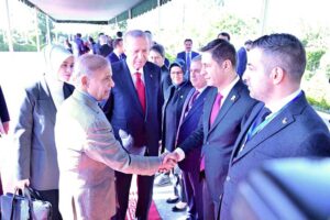President of Turkiye H.E. Recep Tayyip Erdogan introduces members of the Turkish entourage to Prime Minister Muhammad Shehbaz Sharif at PM House
