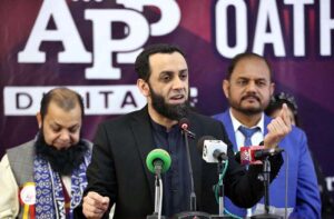 Federal Minister for Information and Broadcasting, Attaullah Tarar addressing during oath-taking ceremony of APP Employees Union (Punjab) at PBC Broadcasting House.