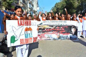 Students of Royal School System are participating in a Kashmir Solidarity rally in connection with Kashmir Solidarity Day at Latifabad.