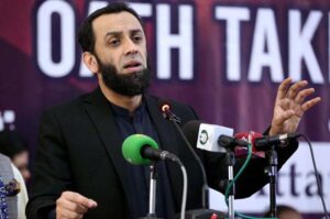 Federal Minister for Information and Broadcasting, Attaullah Tarar addressing during oath-taking ceremony of APP Employees Union (Punjab) at PBC Broadcasting House.