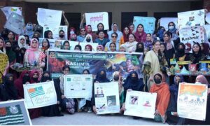 Students are performing in tableau during an event organized on the occasion of Kashmir Solidarity Day at Government College for Women University Faisalabad (GCWUF).