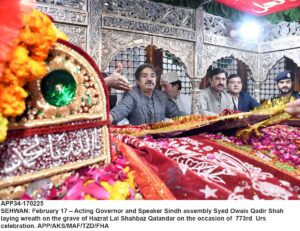 Acting Governor and Speaker Sindh assembly Syed Owais Qadir Shah laying wreath on the grave of Hazrat Lal Shahbaz Qalandar on the occasion of 773rd Urs celebration.
