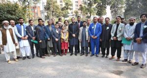 Federal Minister for Information and Broadcasting, Attaullah Tarar in a group photograph after oath-taking ceremony of APP Employees Union (Punjab) at PBC Broadcasting House.