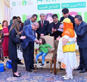 Prime Minister Muhammad Shehbaz Sharif administers polio vaccine to children at the inaugural ceremony of the National Polio Campaign 2025