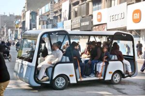 An electric vehicle is on its way to facilitate the shoppers after picking them from Katchery Bazaar Chowk to drop them near Clock Tower Chowk because entry of all types of vehicles including rickshaws was strictly prohibited in eight bazaars around the Clock Tower Chowk to restore original beauty of the city.