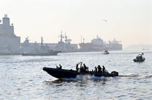 Pakistani navy patrolling during a flag hoisting ceremony of multinational naval exercise AMAN-25