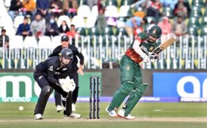 Bangladesh's Najamul Hussain Shanto focuses on ball while running for a quick single during the ICC Champions Trophy cricket match against New Zealand at the Rawalpindi Cricket Stadium in twin cities.