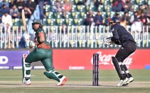 Bangladesh's Najamul Hussain Shanto focuses on ball while running for a quick single during the ICC Champions Trophy cricket match against New Zealand at the Rawalpindi Cricket Stadium in twin cities.