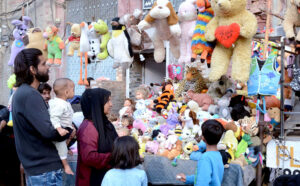 Adorable soft toys captivate passersby with their vibrant colors, displayed by a street vendor at the Old Toy Market near Mayo Hospital.