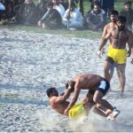 A view of a Kabaddi match plays between the Shaheen Kabaddi Club and Sanjha Punjab Kabaddi Club teams during 6th Nankana Kabaddi Cup at Malik Pur Stadium