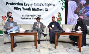 Child Protection Specialist UNICEF Sohail Ahmed talking along with other officials during panel discussion on the occasion of 4th Dosti Peshawar Literature Festival at Study Center Area.