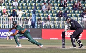Bangladesh's Najamul Hussain Shanto focuses on ball while running for a quick single during the ICC Champions Trophy cricket match against New Zealand at the Rawalpindi Cricket Stadium in twin cities.