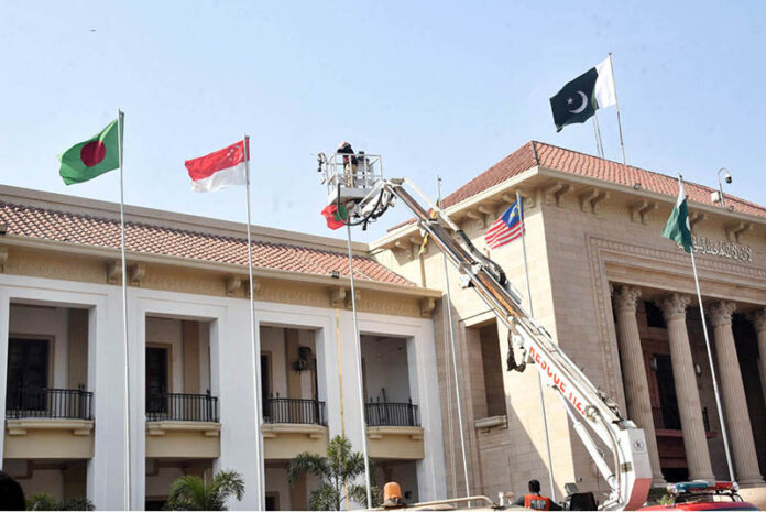 Flags of various nations are being installed on the Punjab Assembly building as final preparations continue for the first Asia and Southeast Asia Regional CPA Conference, set to take place on February 7 and 8 in the provincial capital
