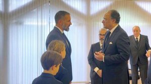 Minister for Finance and Revenue Senator Muhammad Aurangzeb with His Highness the Aga Khan V after attending the funeral ceremony of late Prince Karim al-Hussaini Aga Khan IV, held in Lisbon