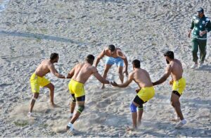 A view of a Kabaddi match plays between the Shaheen Kabaddi Club and Sanjha Punjab Kabaddi Club teams during 6th Nankana Kabaddi Cup at Malik Pur Stadium