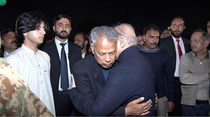 Prime Minister Muhammad Shehbaz Sharif condolences with the family members after namaz-e-janaza of Shaheed Lt. Muhammad Hassan Ashraf