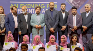 Provincial Minister for Planning and Development Sindh Syed Nasir Hussain Shah in a group photo with the head and members of the Special Children’s Institution. Provincial Minister for Planning and Development Sindh Syed Nasir Hussain Shah announces Rs 3 million assistance for special childrens, including Rs.2 million from the Sindh government and Rs.1 million from his personal capacity during an event organized by the Special Children’s Institution at a local hotel.