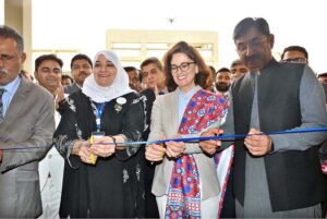Senior economist of World Bank MS.INGA Afanasieva and Vice Chancellor SABS university of Jamshoro Prof Dr.Arabella Bhutto cutting the ribbon during inauguration ceremony of Idea Preneurship Summit of university of Sufism and modern sciences of Bhitshah at SABS university.