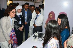 Senior economist of World Bank MS.INGA Afanasieva and Vice Chancellor SABS university of Jamshoro Prof Dr.Arabella Bhutto cutting the ribbon during inauguration ceremony of Idea Preneurship Summit of university of Sufism and modern sciences of Bhitshah at SABS university.