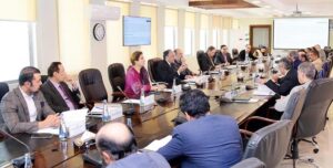 Federal Minister for Finance and Revenue, Senator Muhammad Aurangzeb, chairing a meeting of the committee constituted by the Prime Minister to address issues faced by the towel industry. Senior government officials and representatives from the private sector participated in the discussion.
