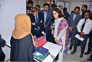Senior economist of World Bank MS.INGA Afanasieva and Vice Chancellor SABS university of Jamshoro Prof Dr.Arabella Bhutto cutting the ribbon during inauguration ceremony of Idea Preneurship Summit of university of Sufism and modern sciences of Bhitshah at SABS university.
