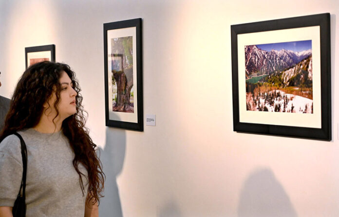 A female visitor admires a beautiful landscape photography after inaugurates the exhibition “Beautiful Japan- Through the Eyes of an Ambassador” at the National Art Gallery
