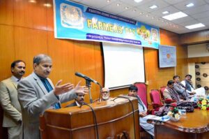 Member Science, PAEC, HQs. Islamabad, DR. Masood Iqbal addressing on seminar on Farmers Day 2025 at Nuclear Institute Of Agriculture.