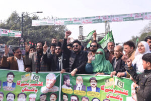 Former Minister for Rehabilitation and Transport AJK, Nasir Dar addressing a rally of PML N on ‘Kashmir Solidarity Day at Mall Road to show solidarity with the people of Jammu and Kashmir against the occupation of India and facing atrocity in IOJK.