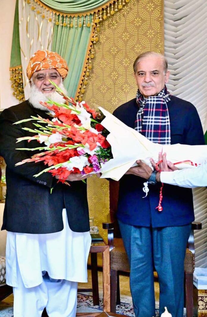 Prime Minister Muhammad Shehbaz Sharif meets with the President of Jamiat Ulema-e-Islam (F), Maulana Fazal-ur-Rehman