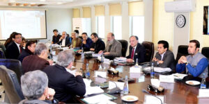 Federal Minister for Finance and Revenue, Senator Muhammad Aurangzeb, chairing a meeting of the Economic Coordination Committee (ECC) of the Cabinet at the Finance Division