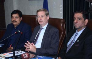 Deputy Ambassador Embassy of the Kingdom of Netherlands, Hajo Provo Kluit is addressing the business community during a meeting at Faisalabad Chamber of Commerce & Industry (FCCI).