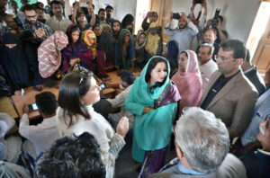 Chairperson Benazir income support program (BISP) Senator Rubina Khalid address to media persons during her visit tehsil office DRC and Benazir kufaalat payment Centre at Shah Bukhari.