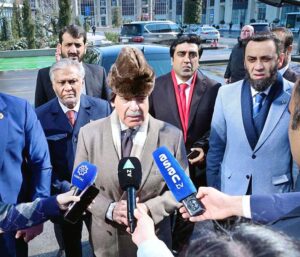 Prime Minister Muhammad Shehbaz Sharif talks to the media at the ASAN KHIDMAT center.