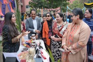 Prof. Dr. Kanwal Ameen (T.I.) Vice Chancellor, GCWUF are visiting food stalls after inaugurate the celebration of Nutrition Month 2025 organized by Department of Nutritional Sciences at Government College Women University Faisalabad(GCWUF).