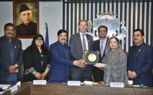 Deputy Ambassador Embassy of the Kingdom of Netherlands, Hajo Provo Kluit is addressing the business community during a meeting at Faisalabad Chamber of Commerce & Industry (FCCI).