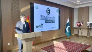 Ambassador of Pakistan to China H.E. Mr. Khalil Hashmi speaking at the special event to commemorate Kashmir Solidarity Day at the Embassy of Pakistan.