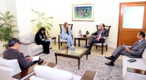 Federal Minister for Finance and Revenue, Senator Muhammad Aurangzeb, in a meeting with H.E. Ms. Jane Marriott CMG OBE, British High Commissioner to Pakistan called on the Minister at the Finance division in federal capital