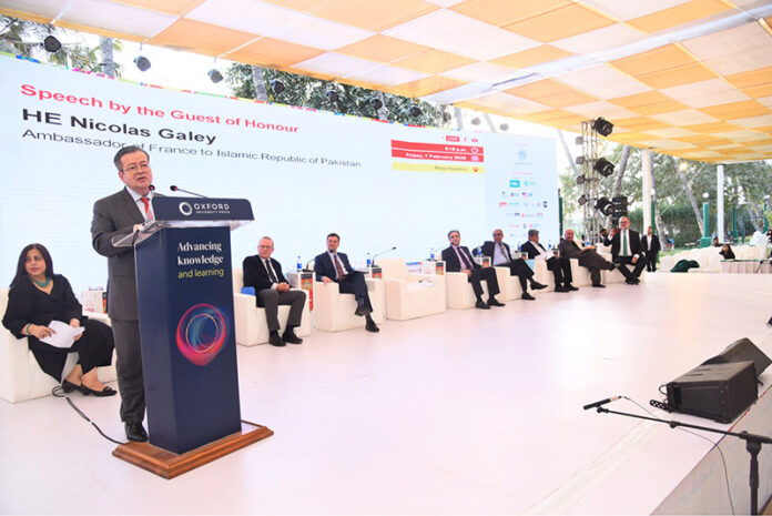 Ambassador of France to Pakistan, Nicolas Galey, addressing the inauguration ceremony of Karachi Literature Festival at a local hotel