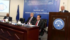 Federal Minister for Industries and Production, Rana Tanveer Hussain, delivering a keynote address as the chief guest at the seminar on Industry 4.0 and Process Automation Implementation.