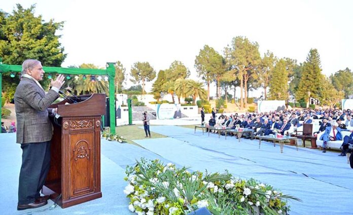 Prime Minister Muhammad Shehbaz Sharif addresses a ceremony organized in connection with Youm-e-Tameer-o-Taraqqi