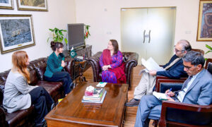 PM’s Coordinator for Climate Change, Romina Khurshid Alam talking to Ambassador of Sweden, Ms. Alexandra Berg von Linde, who called on her