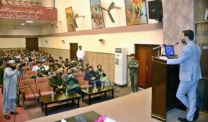 Muhammad Shoaib Batalvi, Chairman Young Exporters Association is addressing a seminar arranged by NTU Entrepreneurship Society at National Textile University Faisalabad (NTUF).