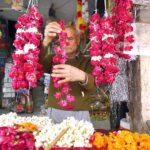 An aged person making flower garland for customer at Fawara Chowk